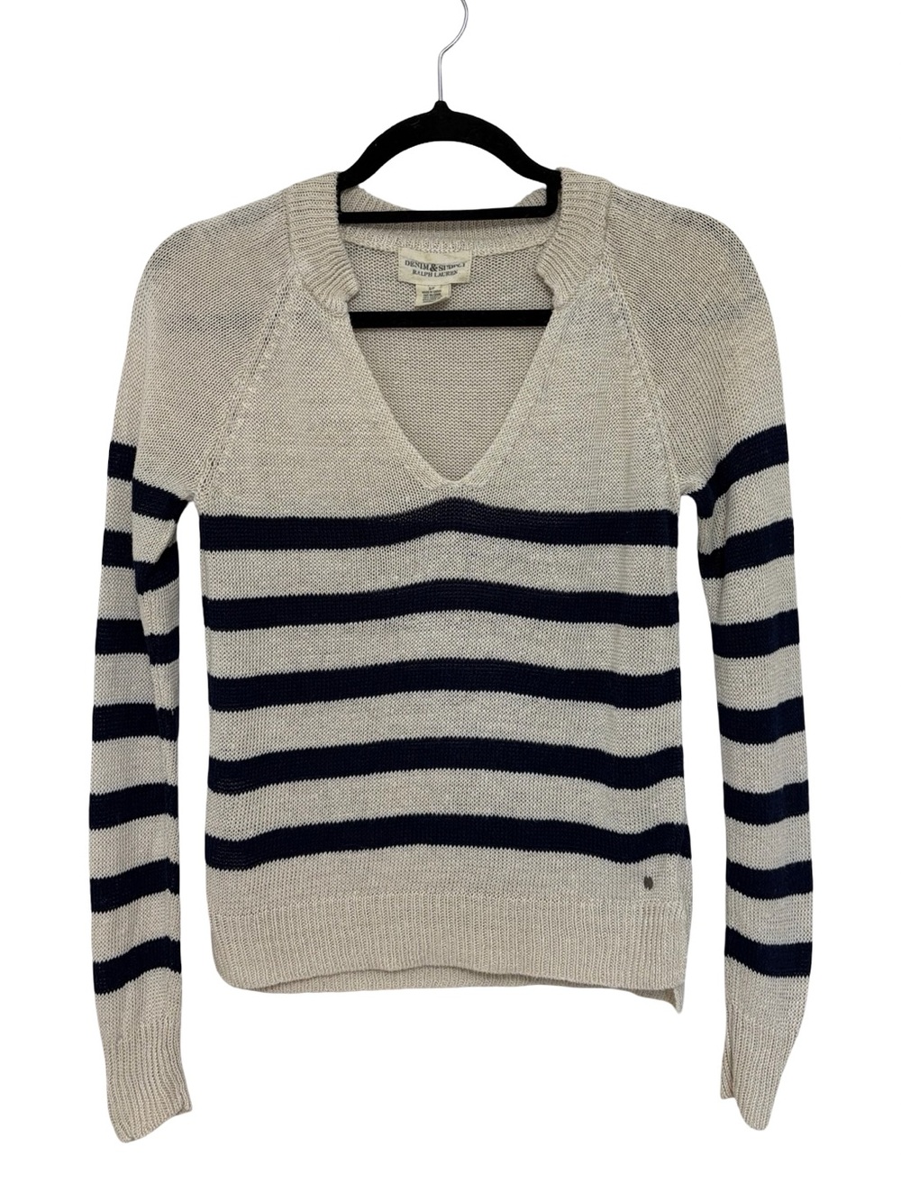 Ralph Lauren Denim & Supply 100% Linen Nautical Stripe V Neck Sweater - Size S